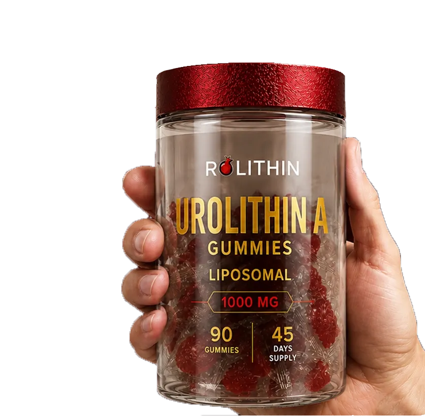 Hand holding a bottle of Rolithin gummies